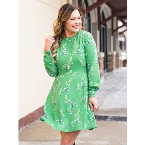 Ann Taylor LOFT Floral Long Sleeve A-Line Mini Dress Boho Green 6 - Picture 2 of 12